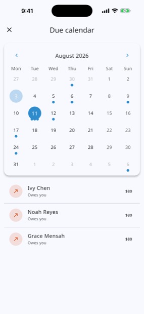 A due calendar so nothing slips past its date.