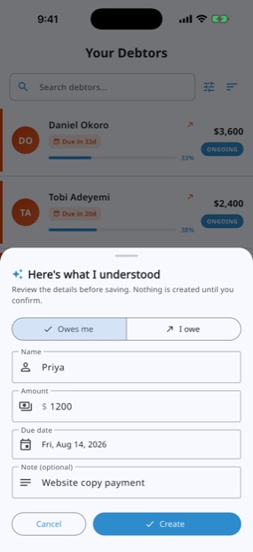 AI drafts the entry — you confirm before anything saves.