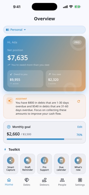 The Debt Manager overview screen, showing net position and balances.